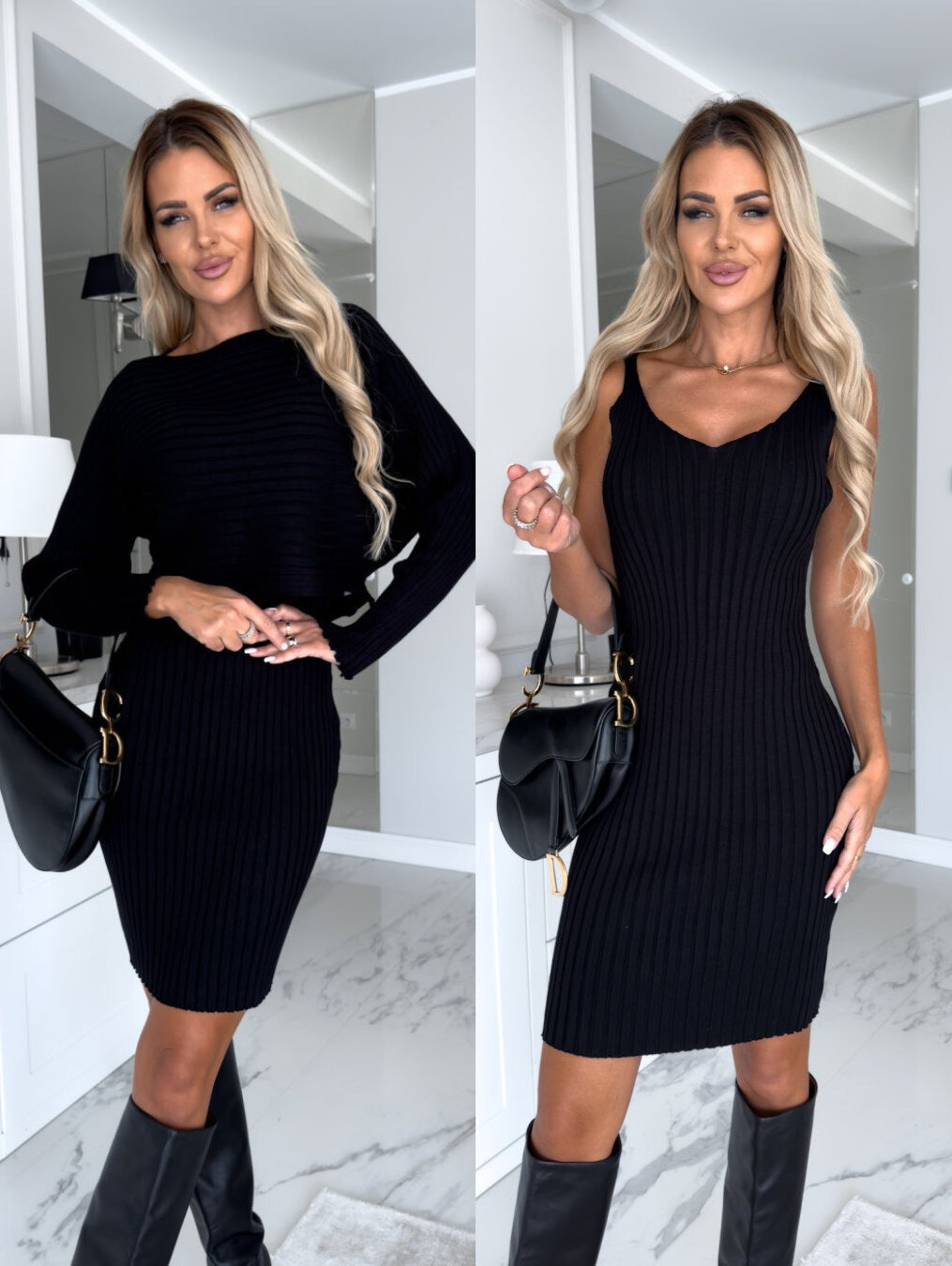 Ribbed Bodycon Suspender Skirt & Long Sleeve Top