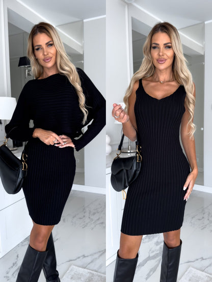 Ribbed Bodycon Suspender Skirt & Long Sleeve Top