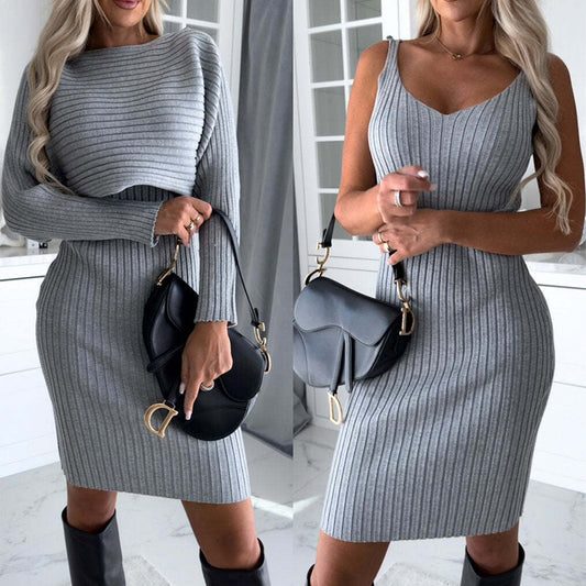 Ribbed Bodycon Suspender Skirt & Long Sleeve Top