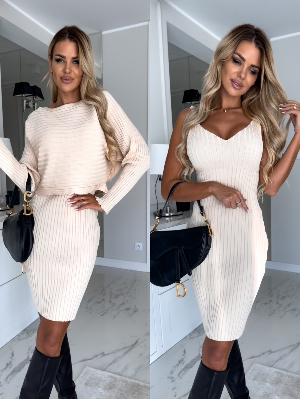 Ribbed Bodycon Suspender Skirt & Long Sleeve Top
